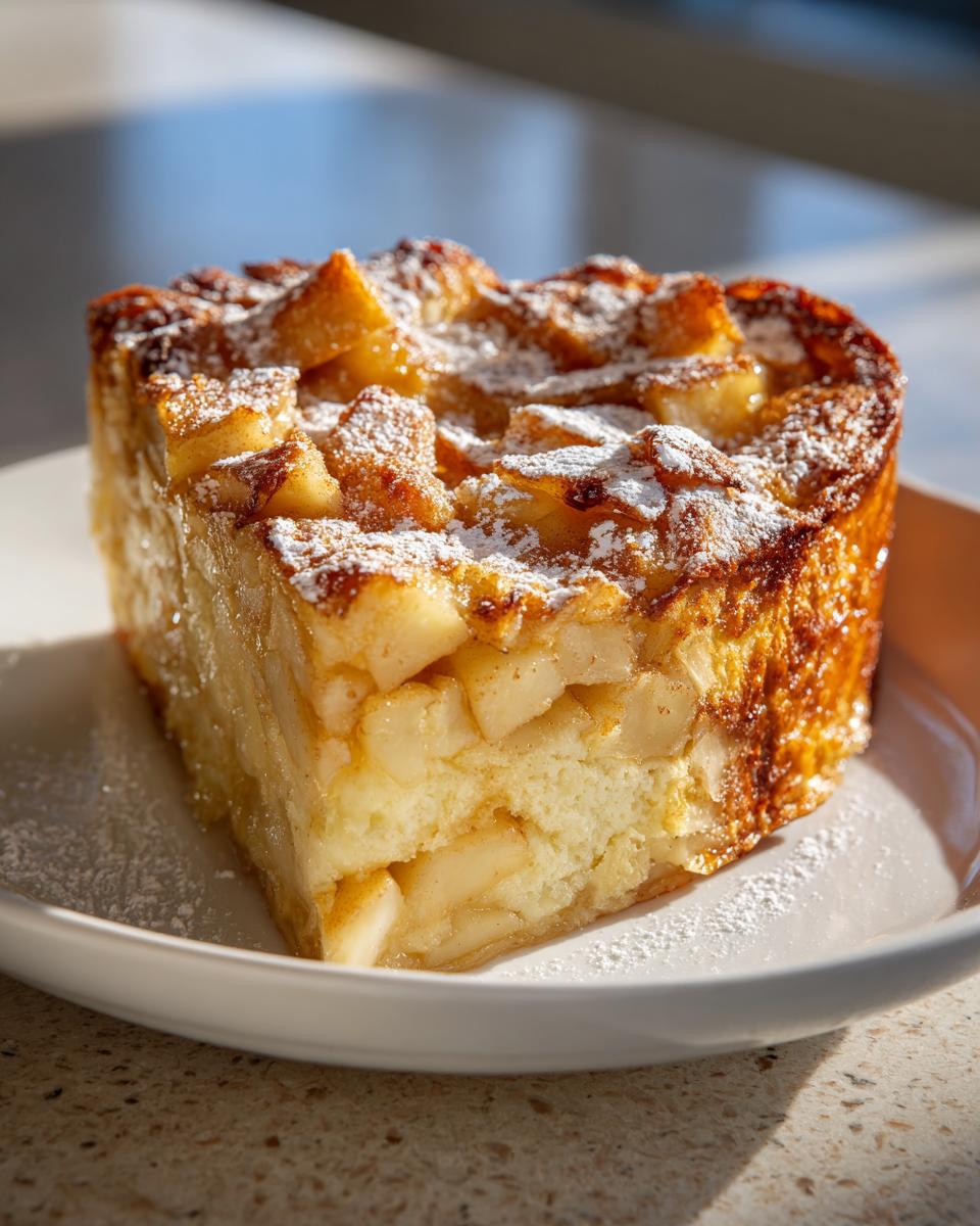 A thick, square slice of baked Apple Cinnamon French Toast casserole dusted with powdered sugar.