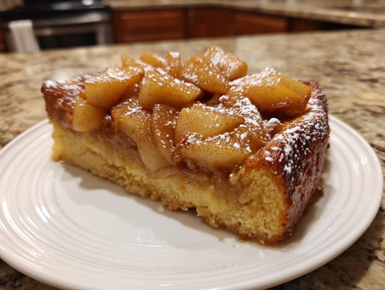 A thick slice of Apple Cinnamon French Toast topped with caramelized apples and powdered sugar.