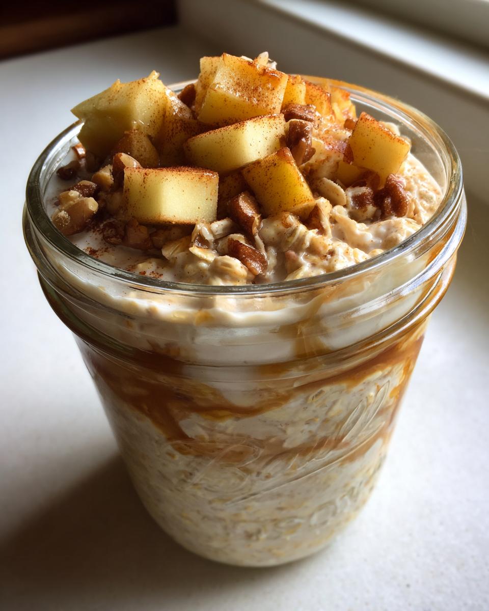 Close-up of apple cinnamon overnight oats topped with diced apples and pecans in a glass jar.