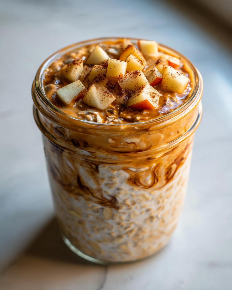 Close-up of apple cinnamon overnight oats in a glass jar, topped with diced apples and cinnamon.