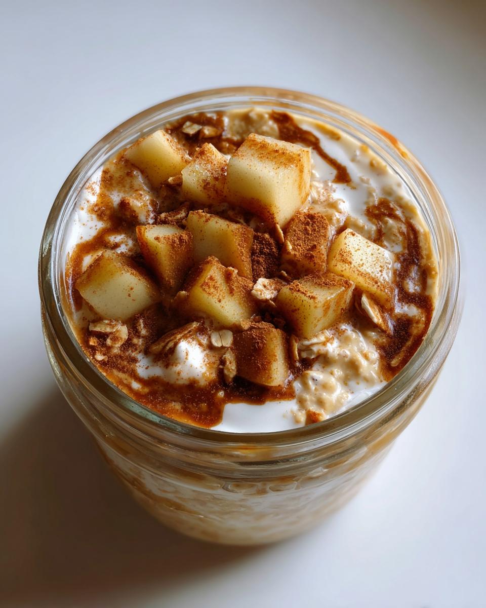 Close-up of apple cinnamon overnight oats in a glass jar, topped with diced apples, yogurt, and cinnamon.