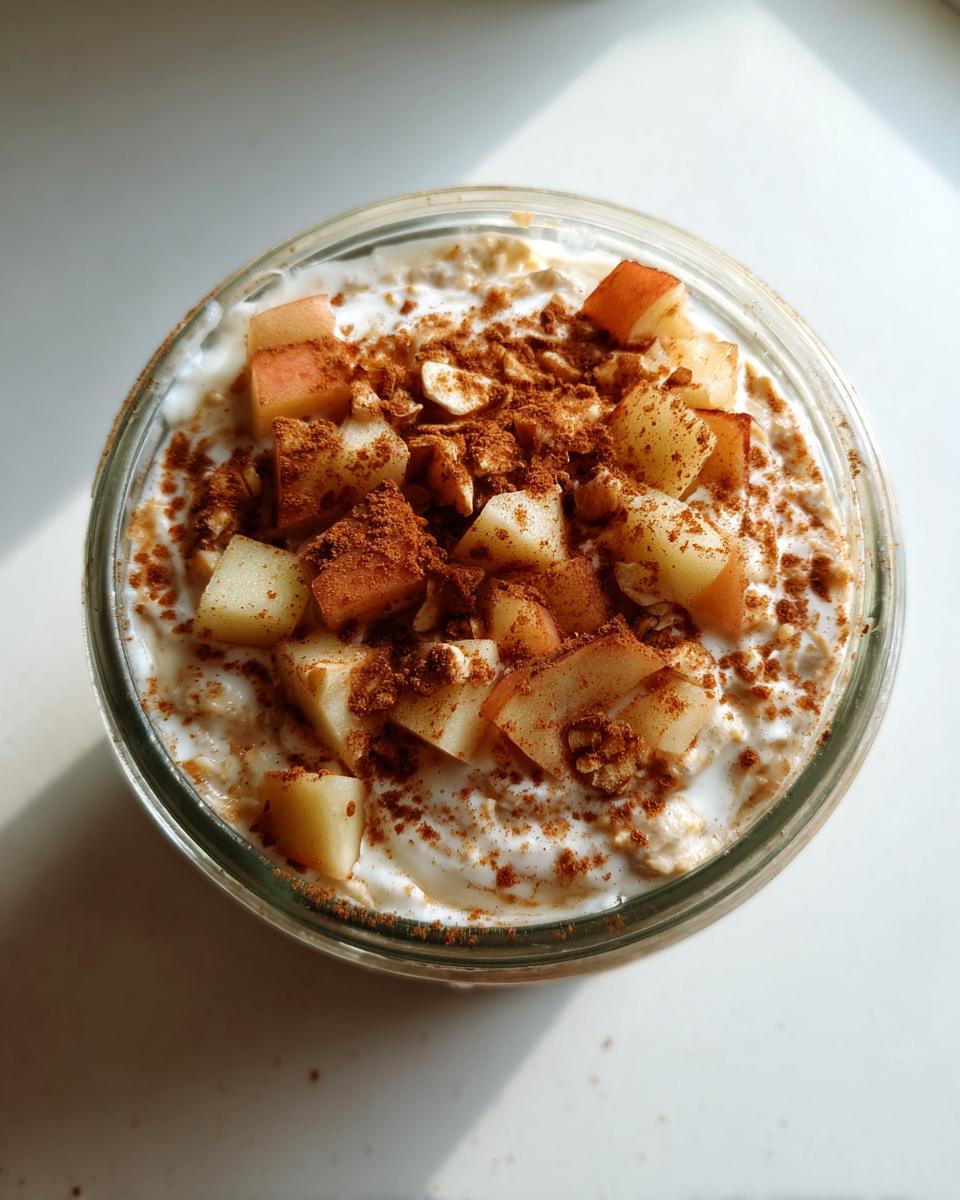 Overhead view of apple cinnamon overnight oats topped with diced apples and heavy cinnamon spice in a glass jar.