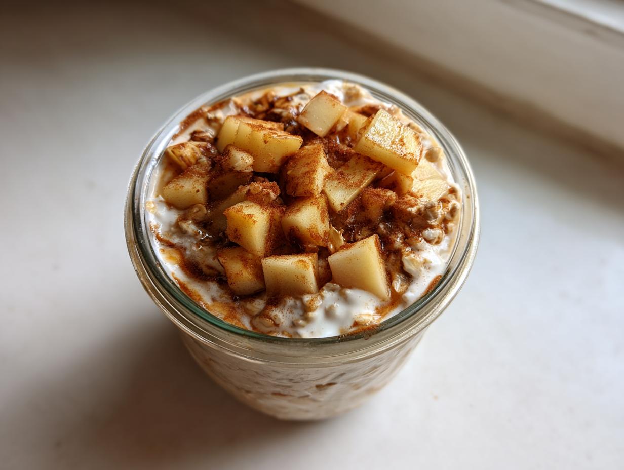 Overhead view of apple cinnamon overnight oats topped with diced apples and cinnamon in a glass jar.