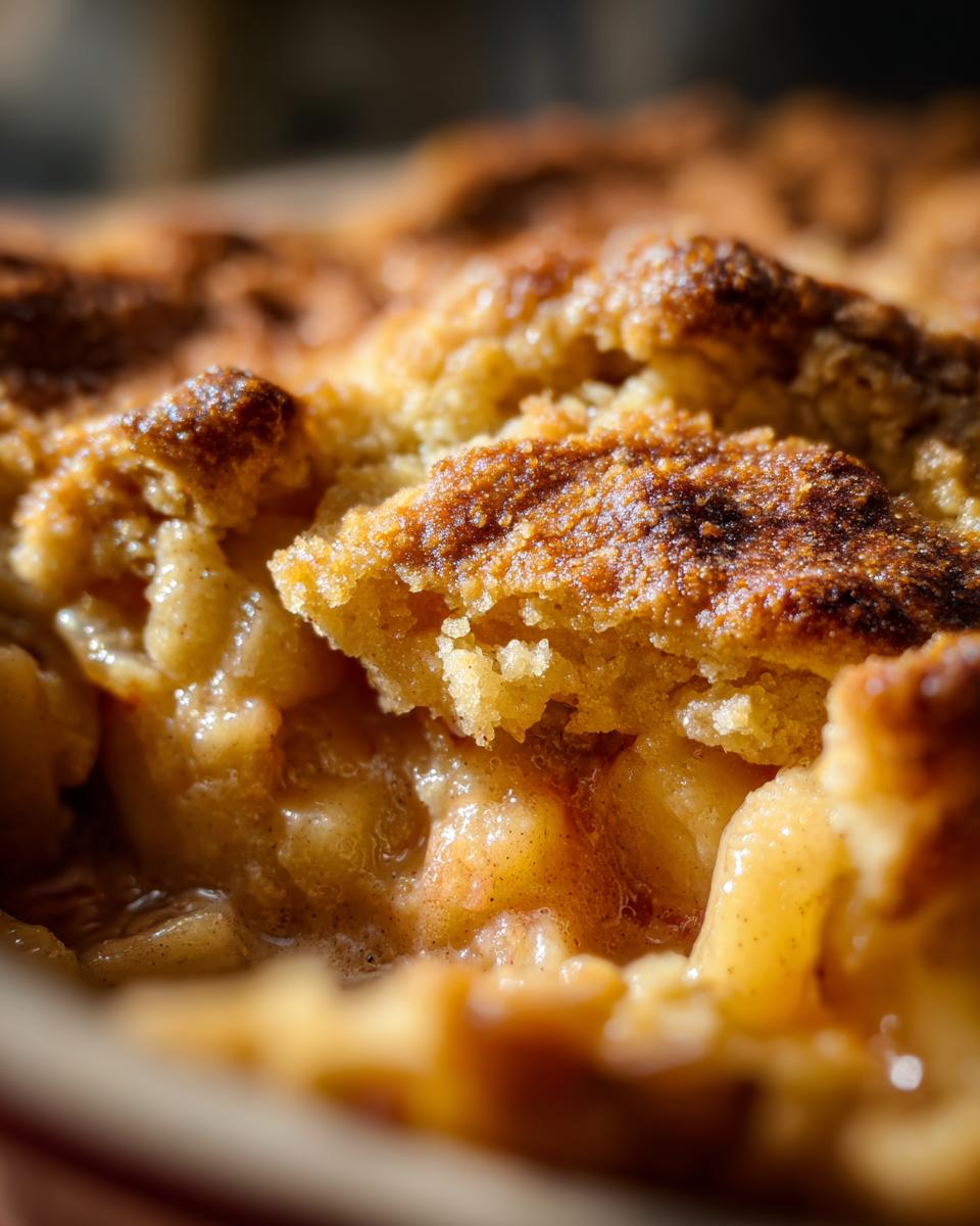 Extreme close-up showing the bubbling, cinnamon-spiced filling and golden brown topping of an apple cobbler.