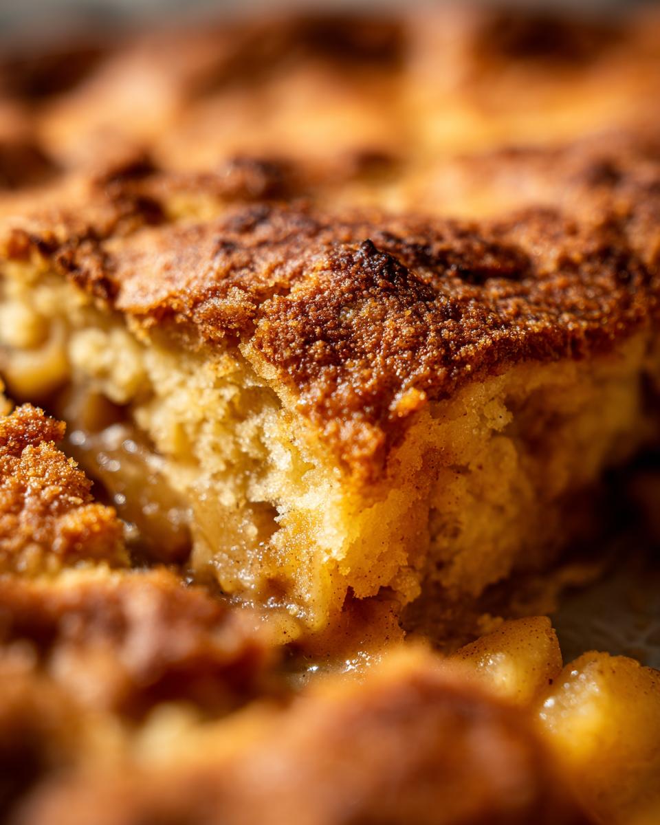 Extreme close-up of a rich, golden-brown piece of apple cobbler showing the moist cake layer and caramelized apple filling.