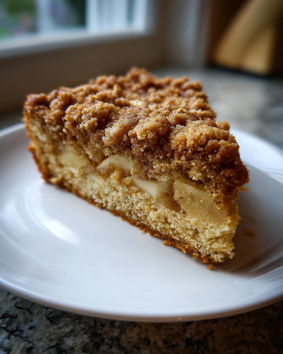 A close-up slice of amazing apple coffee cake featuring tender cake, visible apple chunks, and a thick cinnamon streusel topping.