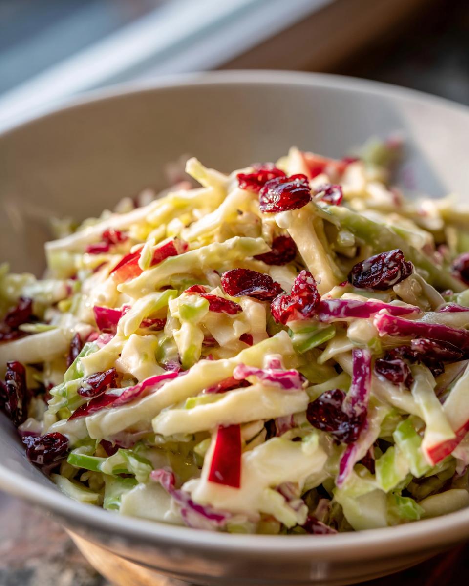 Close-up of creamy apple cranberry coleslaw featuring shredded cabbage, apple pieces, and dried cranberries in a light bowl.
