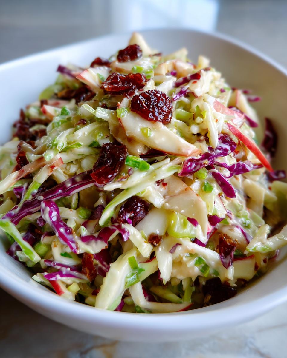 Close-up of creamy apple cranberry coleslaw featuring shredded cabbage, apple pieces, and dried cranberries in a white bowl.