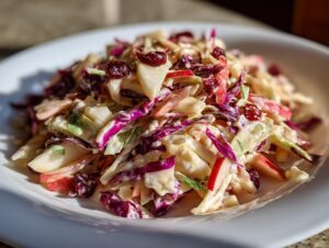 Close-up of creamy apple cranberry coleslaw featuring shredded red cabbage, apples, and dried cranberries served on a white dish.
