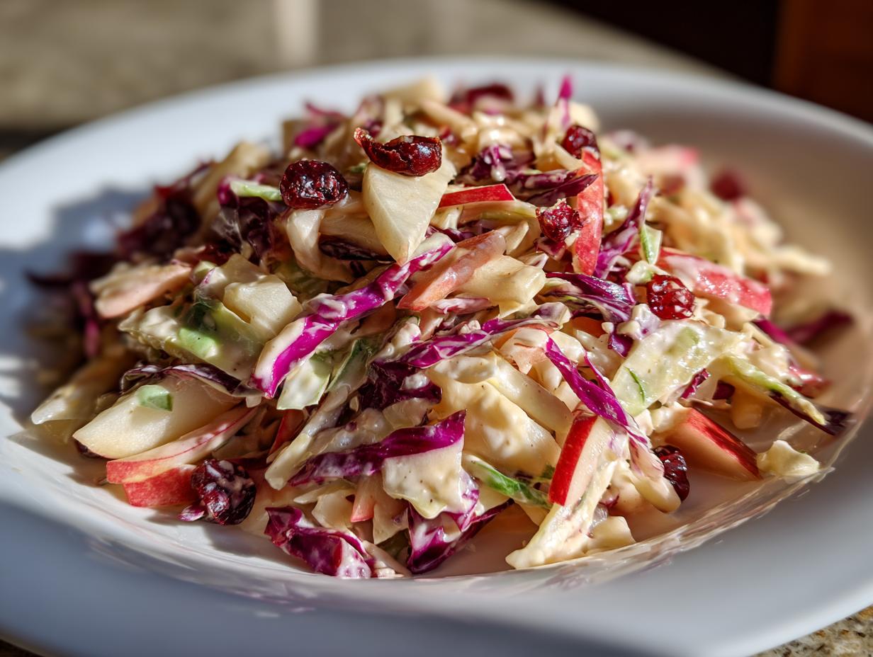 Close-up of creamy apple cranberry coleslaw featuring shredded red cabbage, apples, and dried cranberries served on a white dish.