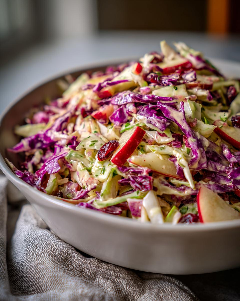 Close-up of vibrant apple cranberry coleslaw featuring shredded red cabbage, apples, and dried cranberries in a creamy dressing.