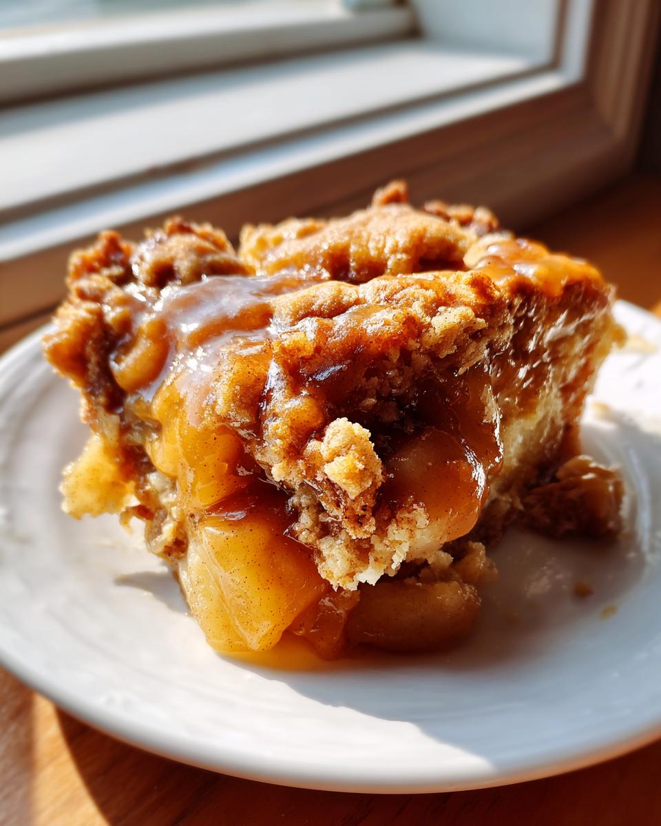 A close-up of a warm slice of apple pie dump cake topped with gooey caramel sauce.