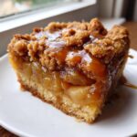 Close-up of a moist slice of apple pie dump cake topped with crumble and glossy caramel sauce.