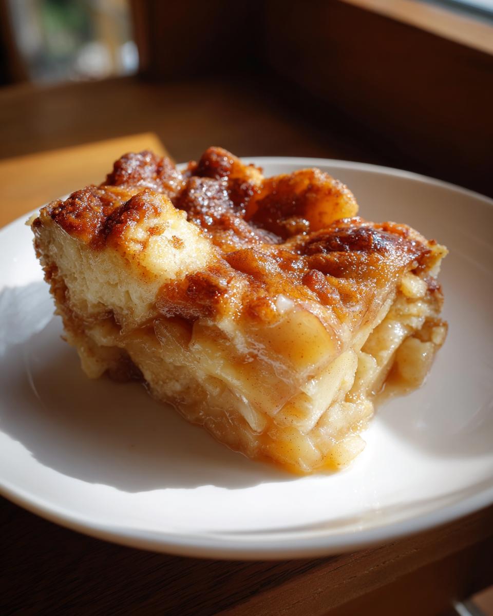 A close-up of a warm, gooey slice of apple pie dump cake served on a white plate, catching sunlight.