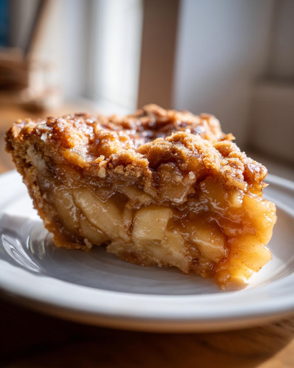 Close-up of a warm slice of apple pie dump cake showing tender apple filling and a crunchy, sugary topping.