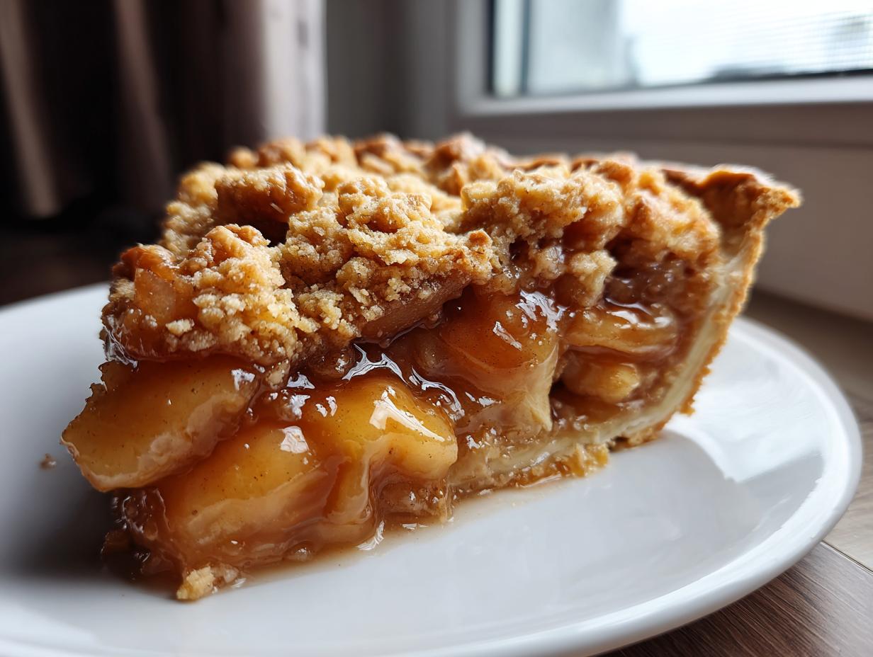 Close-up of a gooey slice of apple pie dump cake showing tender apple filling and a crumbly topping.