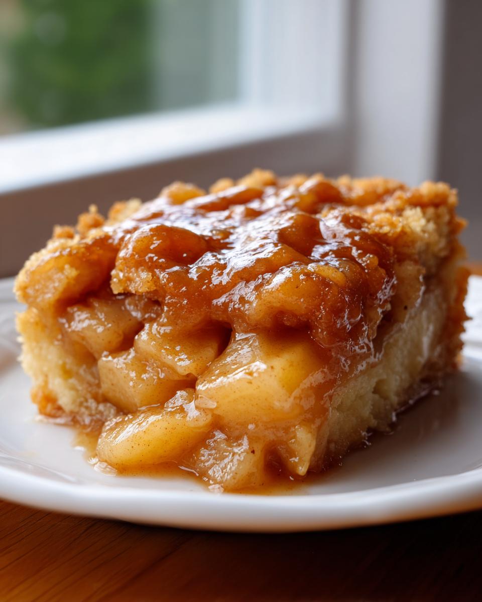 A close-up of a moist slice of apple pie dump cake topped with gooey, caramelized apples.