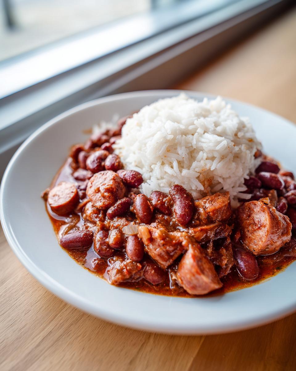 A close-up of authentic red beans and rice served in a white bowl with slices of smoked sausage.