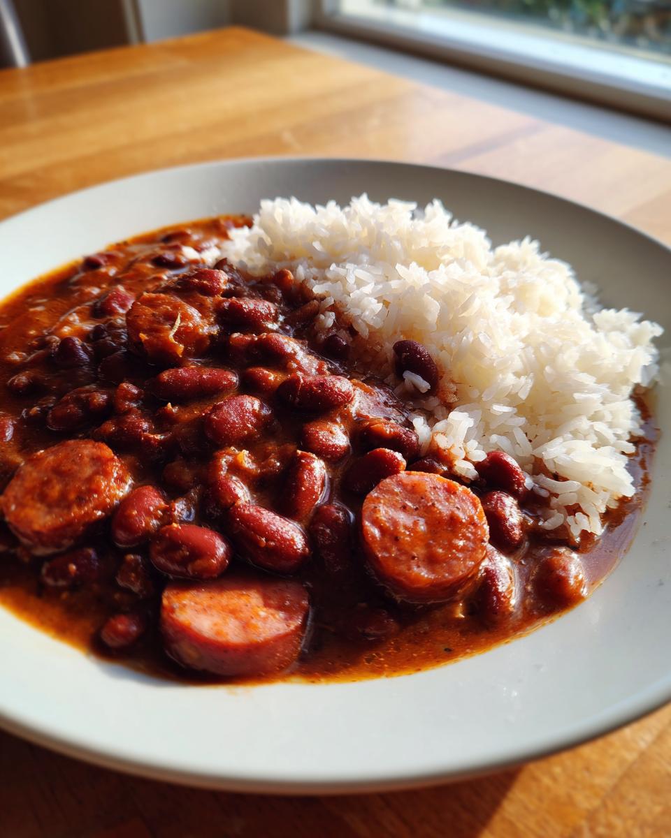 Close-up of a white plate featuring authentic red beans and rice, served with slices of smoked sausage.