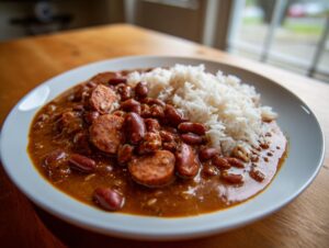 A close-up shot of authentic red beans and rice served with slices of smoked sausage on a white plate.