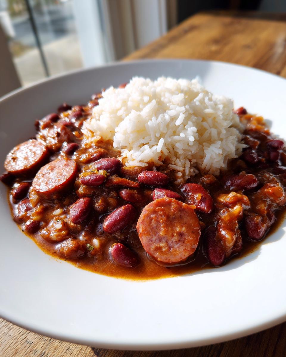 Close-up of authentic red beans and rice served with sliced smoked sausage on a white plate.