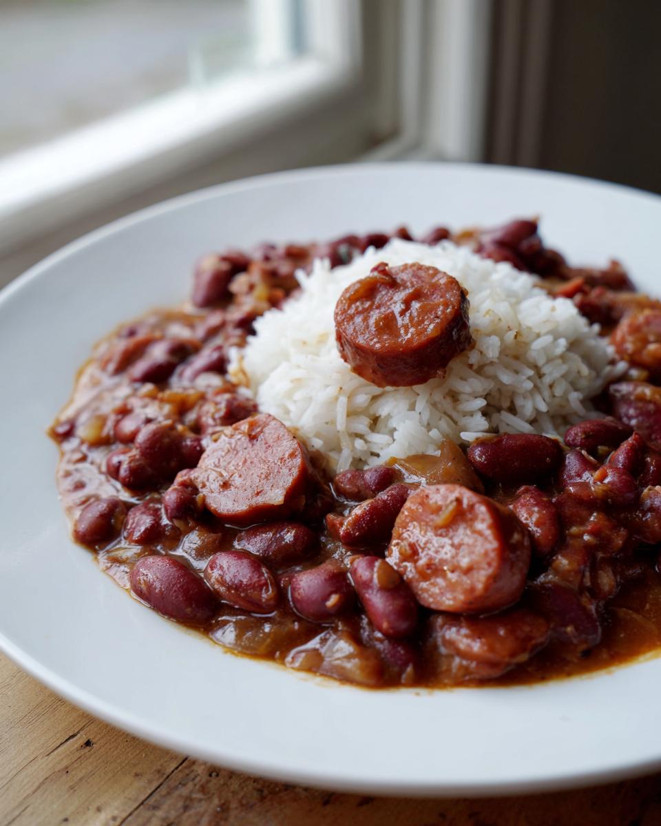 Close-up of authentic red beans and rice served on a white plate, topped with slices of smoked sausage.