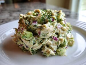 A mound of creamy avocado chicken salad mixed with red onion and fresh dill, served on a white plate.