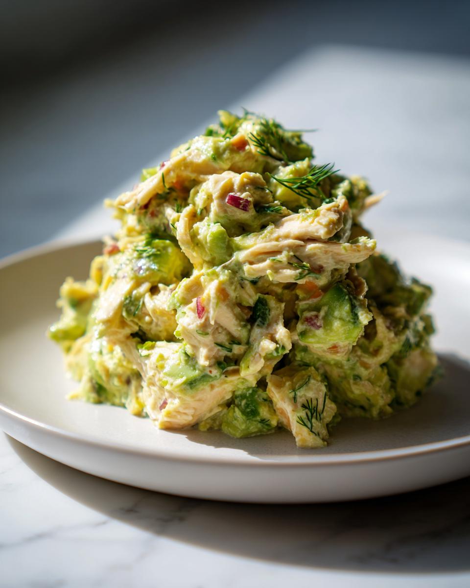 A mound of creamy avocado chicken salad mixed with chunks of avocado and red onion, garnished with fresh dill.