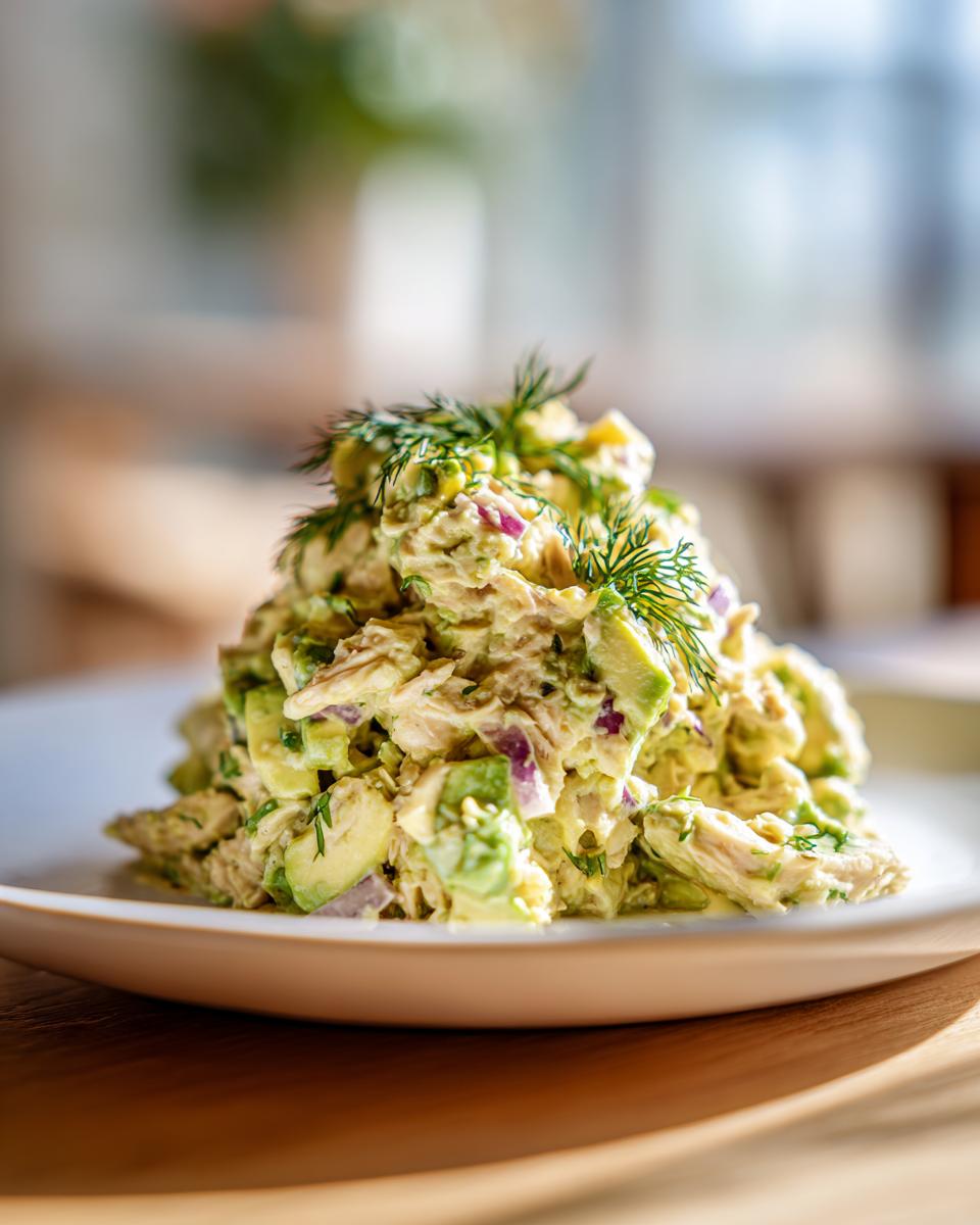 A generous serving of creamy avocado chicken salad mixed with chunks of avocado and red onion, topped with fresh dill.
