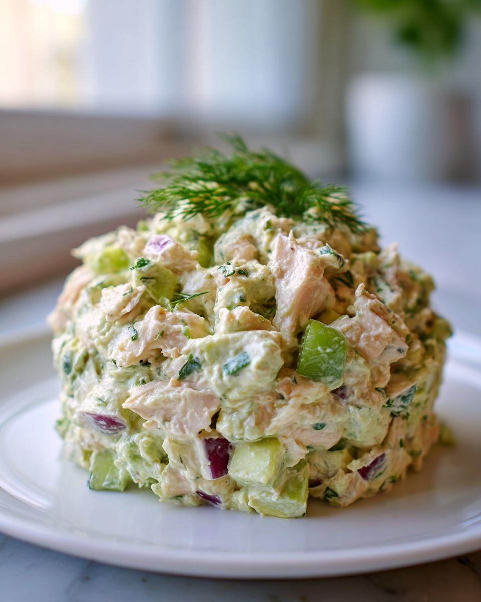 A mound of creamy avocado chicken salad featuring chunks of chicken, green avocado, and red onion, topped with fresh dill.