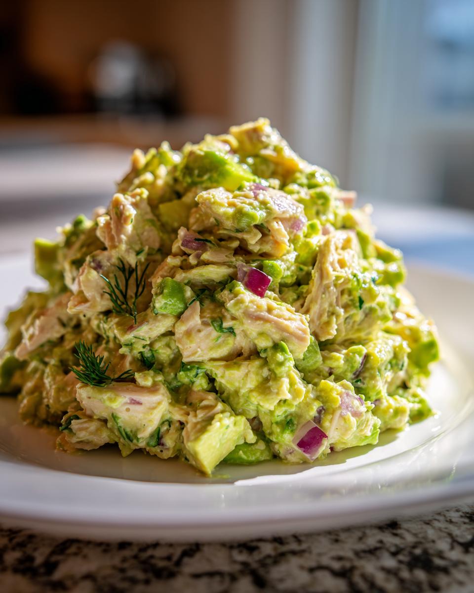A mound of creamy avocado chicken salad mixed with chunks of avocado and red onion, garnished with dill.