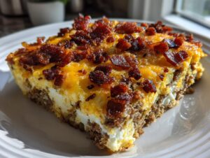 A close-up slice of bacon cheeseburger casserole showing layers of ground beef, egg, melted cheddar cheese, and crispy bacon crumbles.