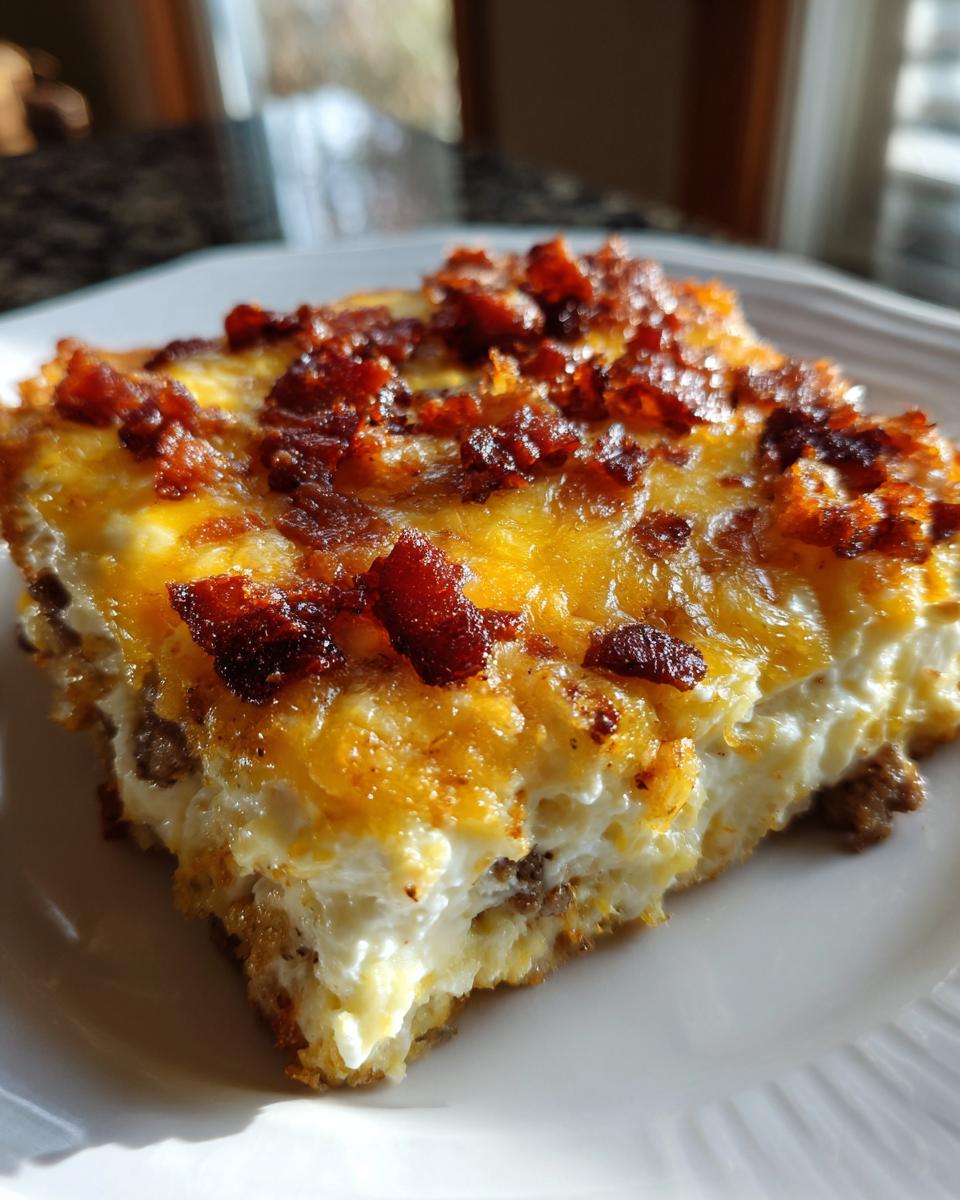A close-up serving of bacon cheeseburger casserole, topped with melted cheese and crispy bacon bits.
