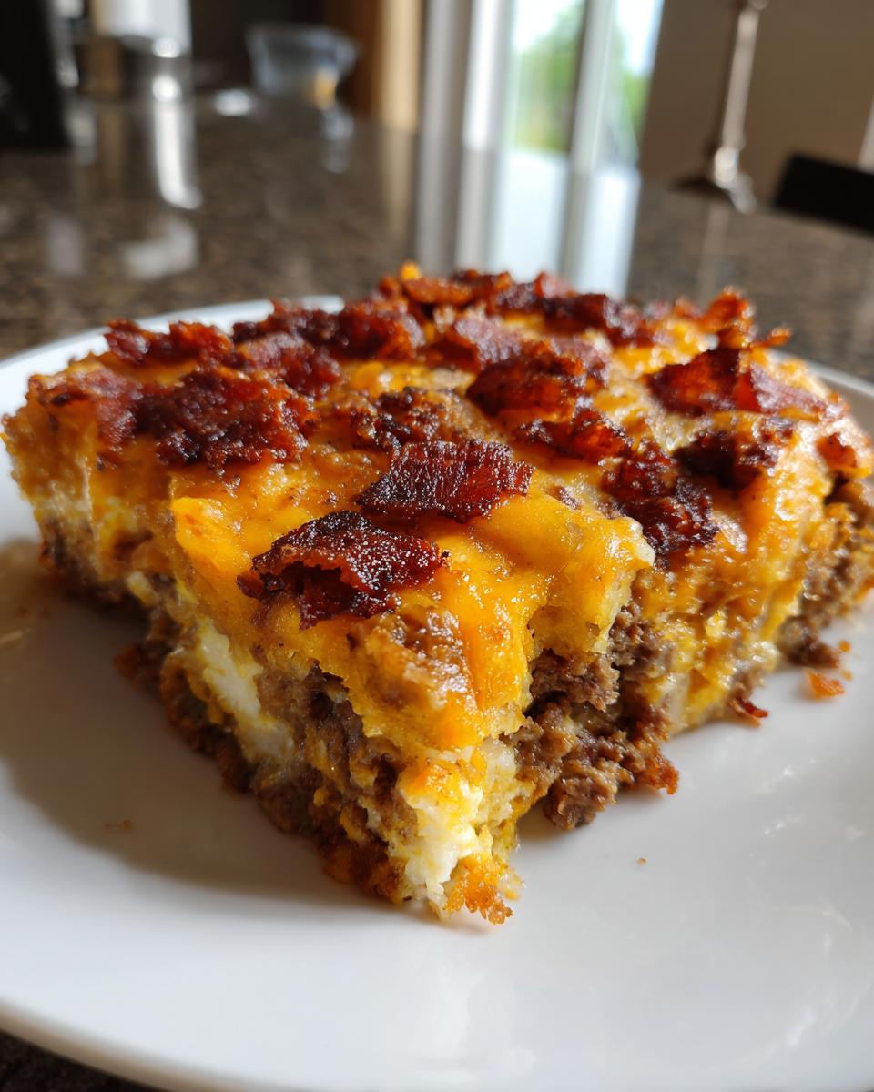 A close-up slice of bacon cheeseburger casserole showing layers of ground meat, cheese, and crispy bacon crumbles on top.
