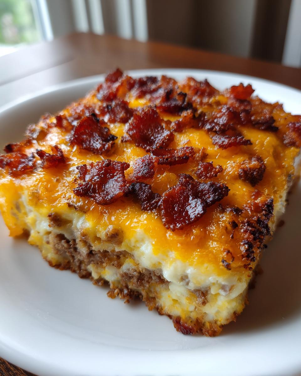 A close-up slice of bacon cheeseburger casserole featuring layers of ground meat, creamy filling, melted cheddar cheese, and crispy bacon bits.