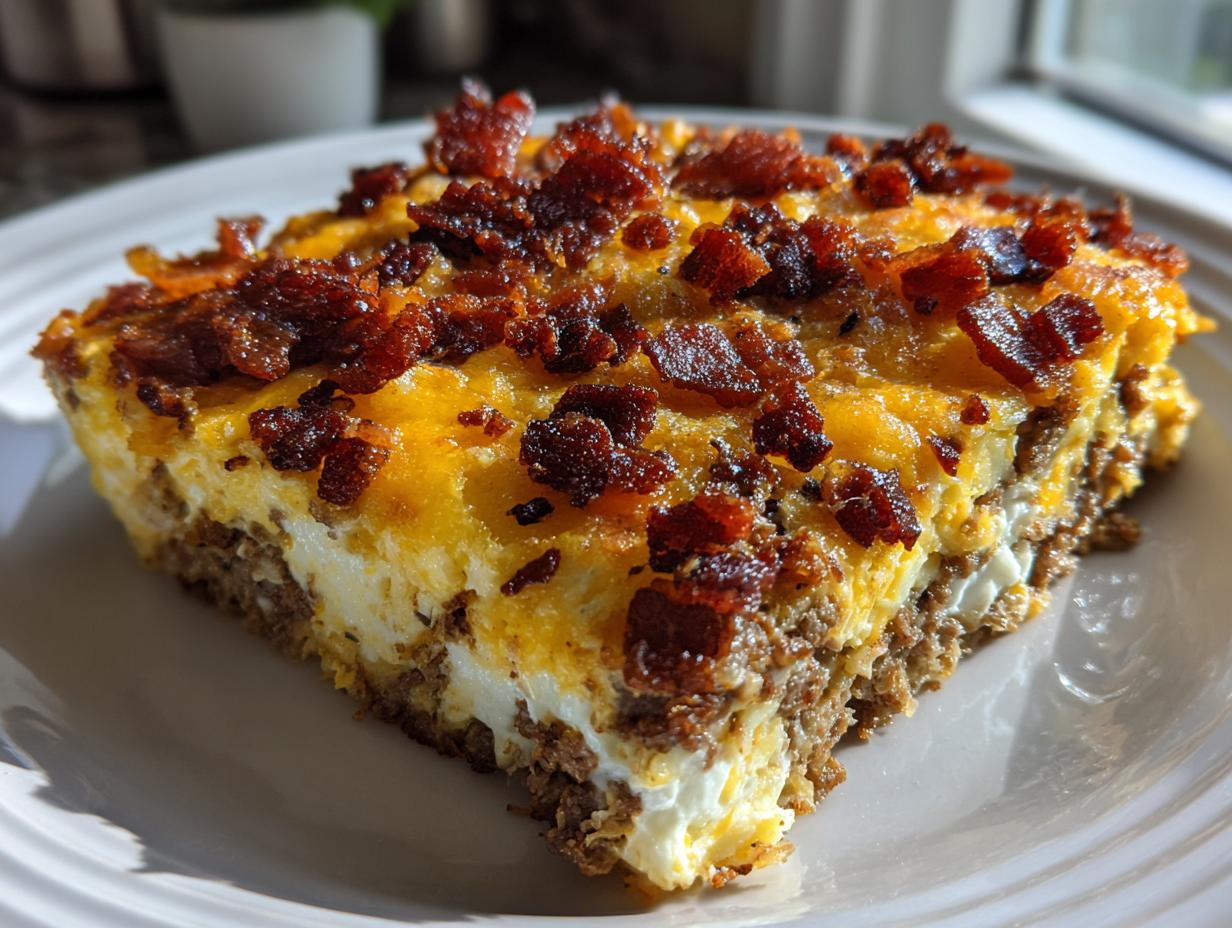 A close-up slice of bacon cheeseburger casserole showing layers of ground beef, egg, melted cheddar cheese, and crispy bacon crumbles.