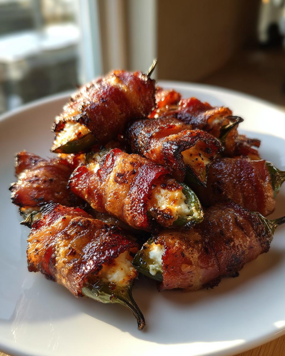 A pile of crispy, glazed Bacon-Wrapped Jalapeño Poppers stuffed with cream cheese on a white plate.