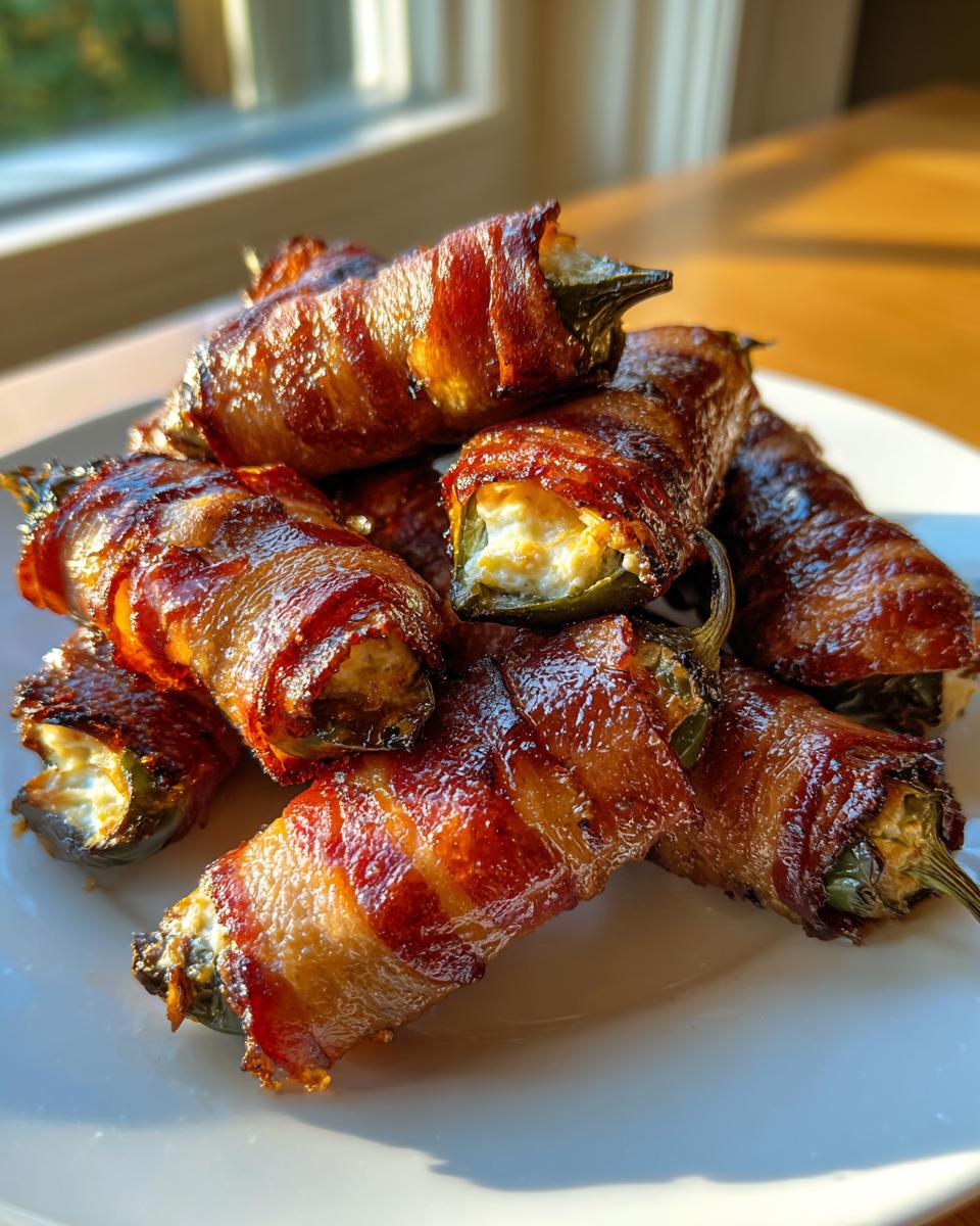 A pile of golden brown, crispy Bacon-Wrapped Jalapeño Poppers stuffed with cream cheese on a white plate.
