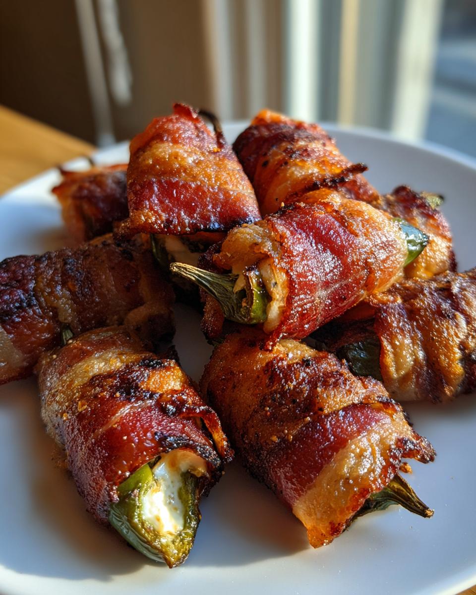 A close-up of several crispy, golden-brown Bacon-Wrapped Jalapeño Poppers piled on a white plate.
