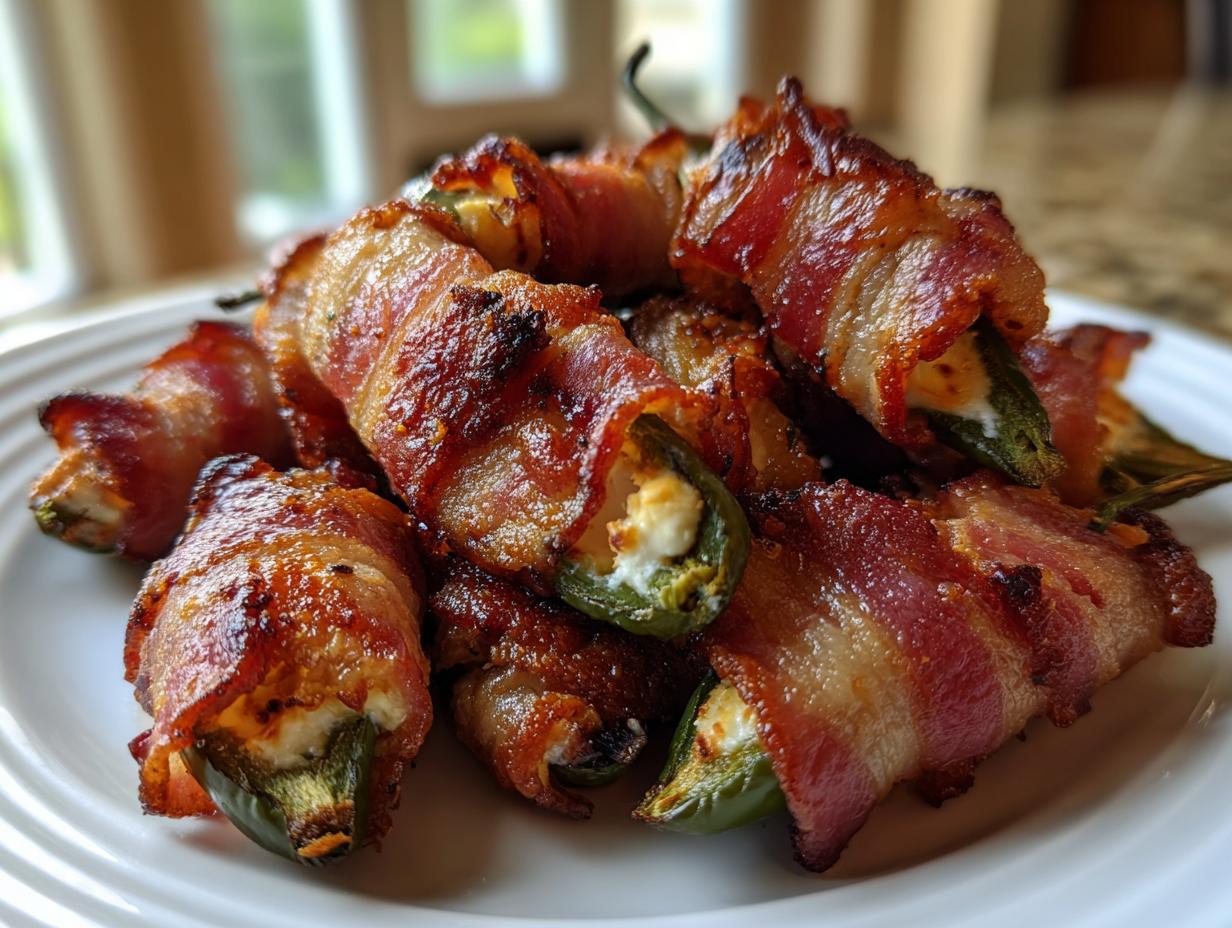 A pile of crispy, golden-brown Bacon-Wrapped Jalapeño Poppers stuffed with cream cheese on a white plate.