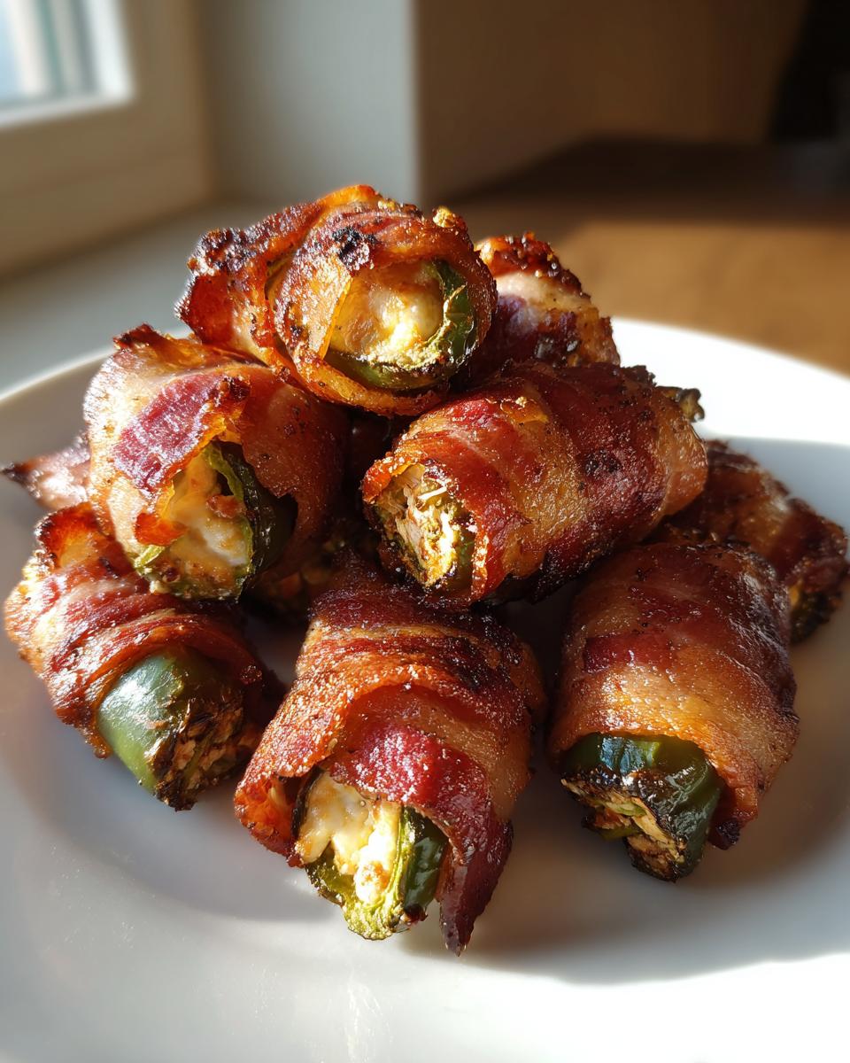 A pile of crispy, golden-brown Bacon-Wrapped Jalapeño Poppers stuffed with cream cheese on a white plate.
