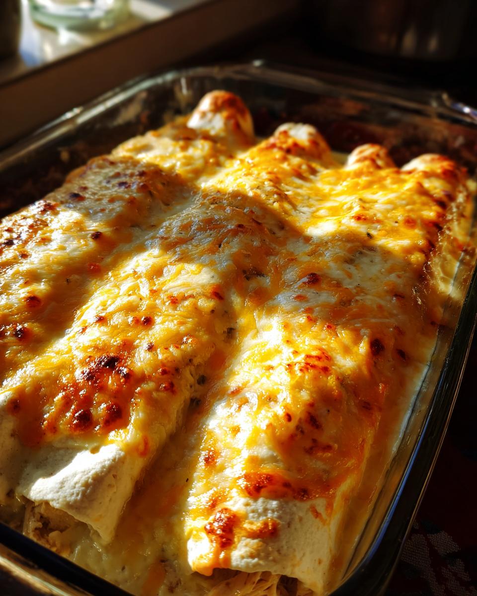 Close-up of baked chicken enchiladas covered in bubbly, melted golden and white cheese.