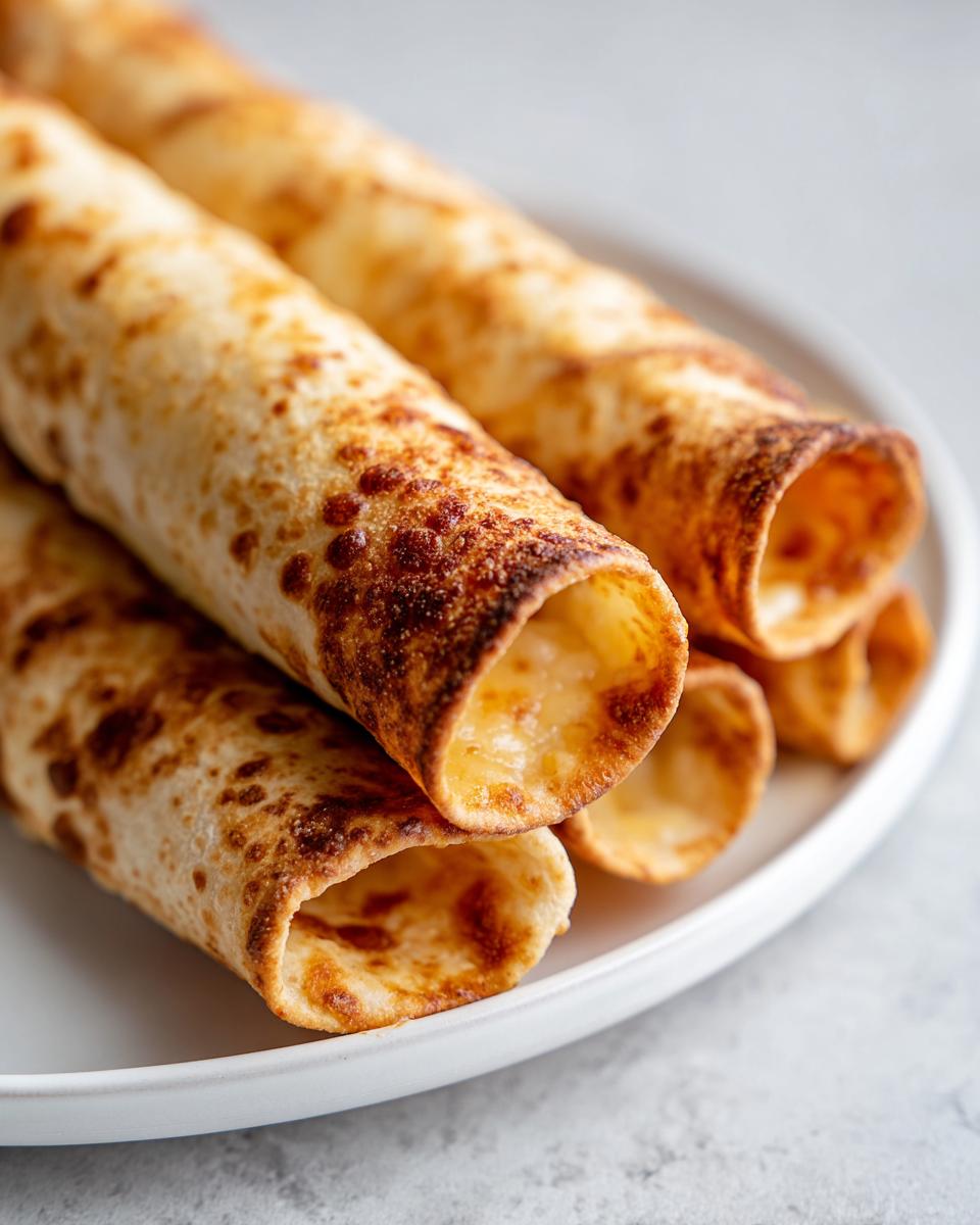 Close-up of crispy, golden-brown Baked Cream Cheese Chicken Taquitos stacked on a white plate.