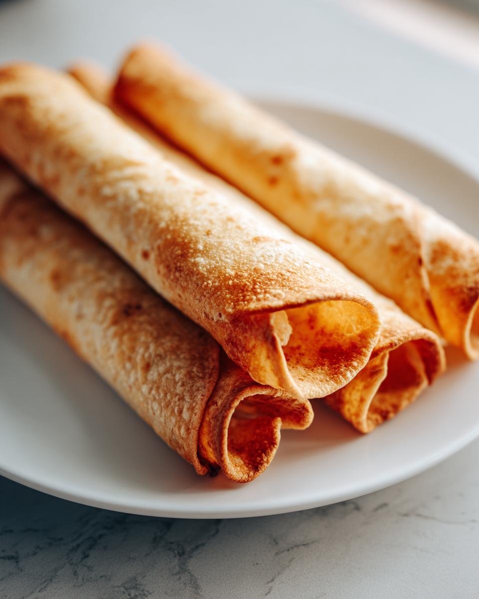 Close-up of three golden brown Baked Cream Cheese Chicken Taquitos stacked on a white plate.