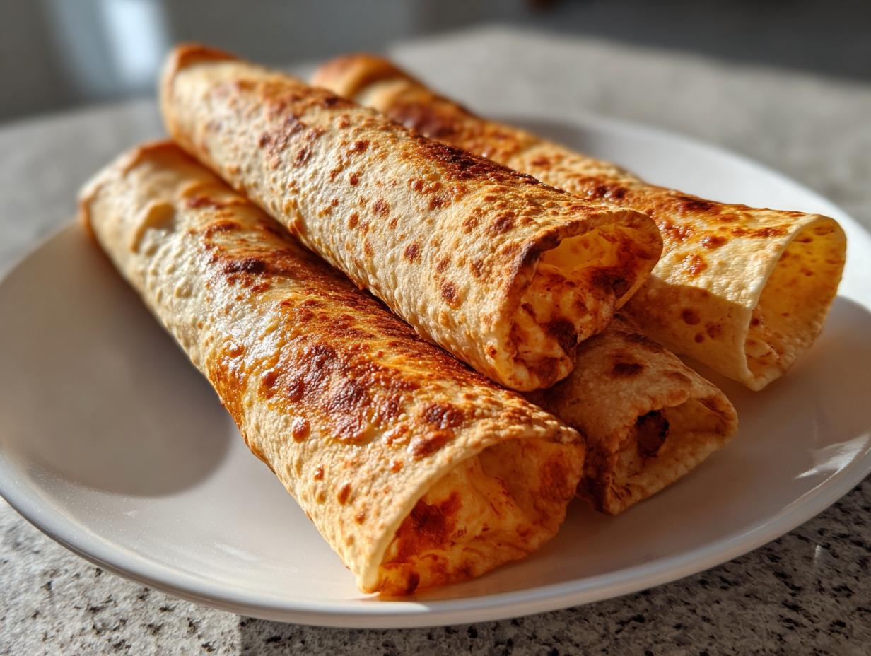Four golden-brown, baked Cream Cheese Chicken Taquitos stacked on a white plate.