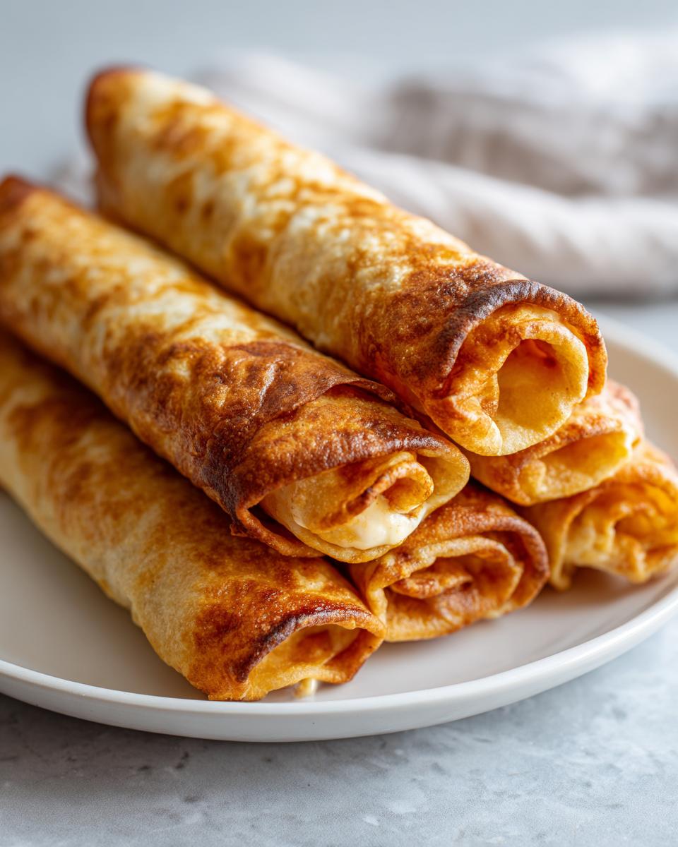 A stack of golden brown Baked Cream Cheese Chicken Taquitos with visible melted filling on a white plate.