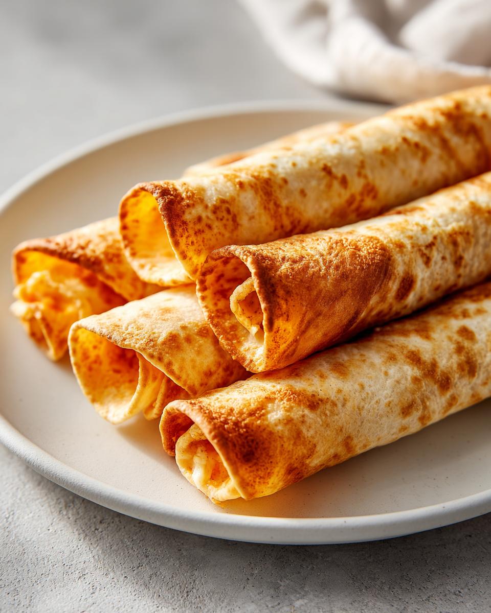 Close-up of several golden brown Baked Cream Cheese Chicken Taquitos stacked on a light plate.