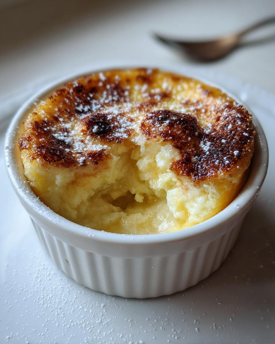 Close-up of a golden-brown baked egg custard in a white ramekin, dusted with powdered sugar.