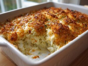 Close-up of baked Jalapeño popper dip in a white dish with a golden, crispy breadcrumb topping.