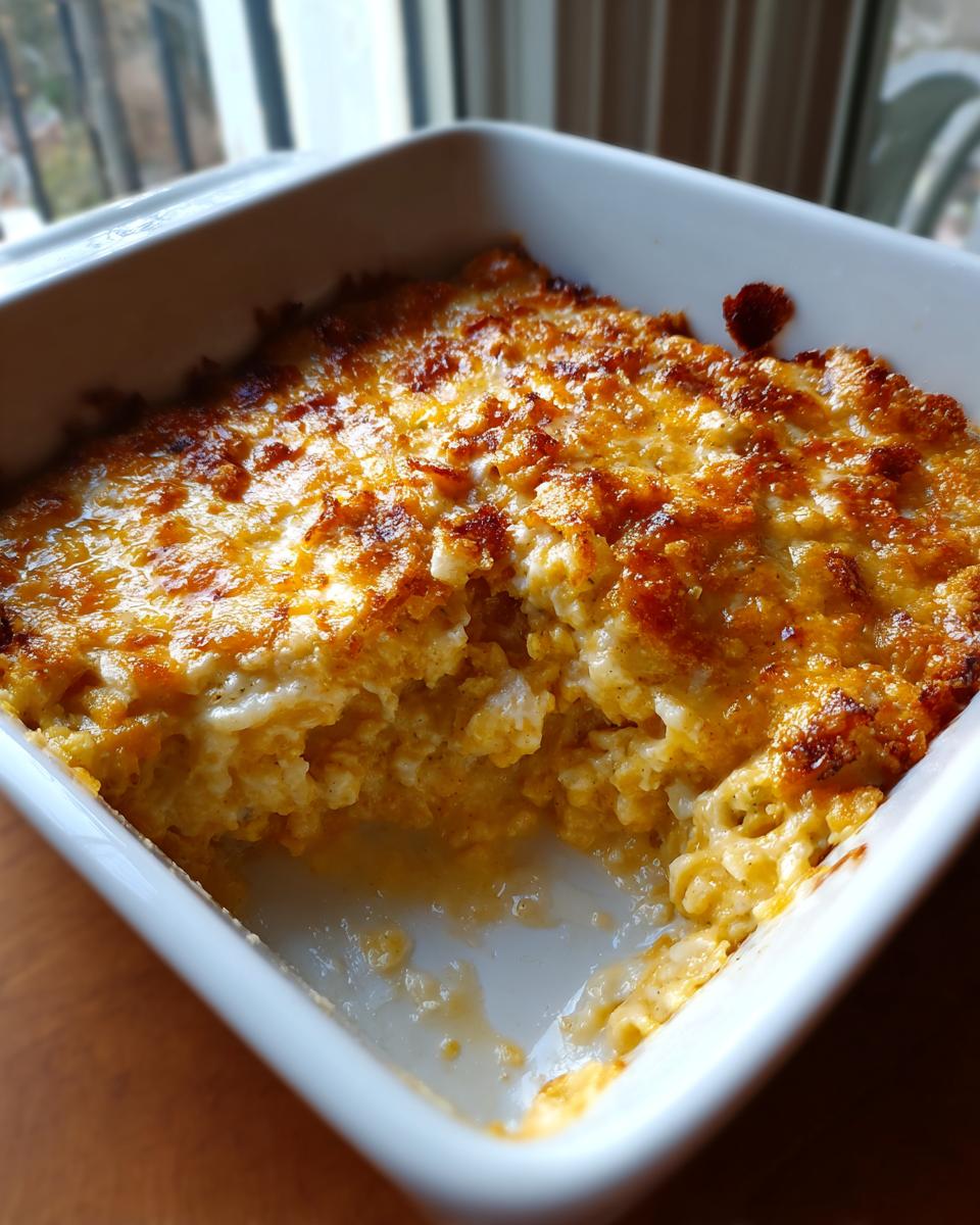 A square white baking dish filled with hot, creamy Jalapeño popper dip featuring a bubbly, golden-brown cheese topping.